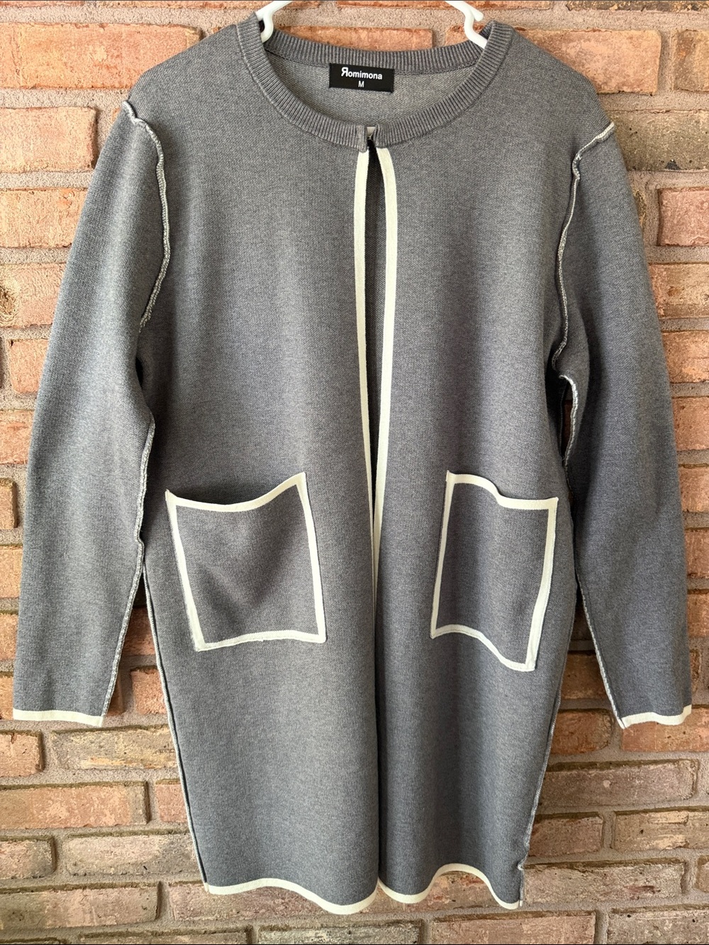 Gray Open-Front Knit Coat with Cream Trim